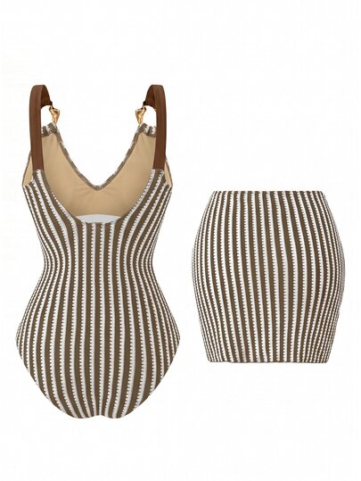 Swim Oasis 2026 Spring/Summer New Women's Vintage Brown & White Zigzag Vertical Stripe 2-Piece Swimsuit Set, V-Neck Metal Ring Strap One-Piece Swimsuit With Side Twist Metal Buckle Split Cover-Up Skirt, Luxury Vacation Beach Swimwear Set