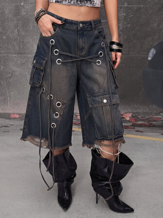 Grunge Punk Pantaloni in denim da donna a vita bassa, larghi, stile street punk, resistenti e con effetto consumato, lunghezza media