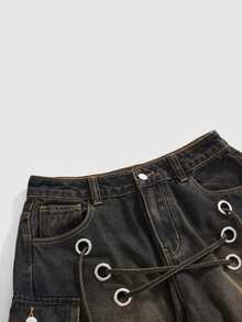 ROMWE Grunge Punk Celana Denim Wanita Panjang Sedang Gaya Street Punk Heavy-Duty Distressed Loose Low-Waist - Dark Wash - View 3