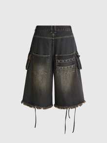 ROMWE Grunge Punk Celana Denim Wanita Panjang Sedang Gaya Street Punk Heavy-Duty Distressed Loose Low-Waist - Dark Wash - View 2
