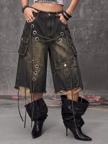 ROMWE Grunge Punk Celana Denim Wanita Panjang Sedang Gaya Street Punk Heavy-Duty Distressed Loose Low-Waist - Dark Wash - View 1
