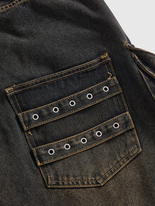 ROMWE Grunge Punk Celana Denim Wanita Panjang Sedang Gaya Street Punk Heavy-Duty Distressed Loose Low-Waist - Dark Wash - View 5