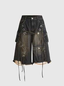 ROMWE Grunge Punk Celana Denim Wanita Panjang Sedang Gaya Street Punk Heavy-Duty Distressed Loose Low-Waist - Dark Wash - View 6