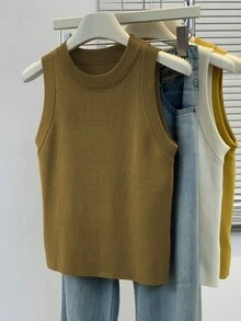 SHEIN Women's Solid Color Minimalist Sleeveless Knit Tank Top, Casual Everyday Wear - Army Green - View 3