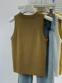 SHEIN Women's Solid Color Minimalist Sleeveless Knit Tank Top, Casual Everyday Wear - Army Green - View 2