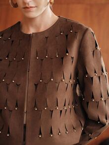 Anewsta Jaket Lengan Panjang Wanita Musim Gugur/Dingin Terbaru dengan Desain Kain Mirip Suede, Motif Jacquard Burnout, Leher Bulat, dan Hiasan Manik-manik di Seluruh Permukaan - Coffee Brown - View 2