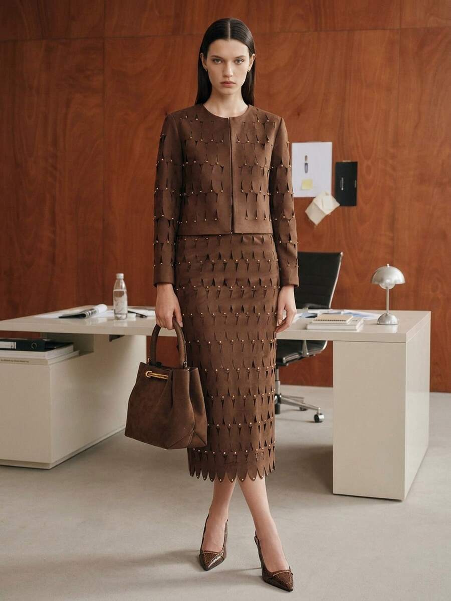 Anewsta Jaket Lengan Panjang Wanita Musim Gugur/Dingin Terbaru dengan Desain Kain Mirip Suede, Motif Jacquard Burnout, Leher Bulat, dan Hiasan Manik-manik di Seluruh Permukaan - Coffee Brown - View 1