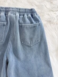 SHEIN بنطلون جينز فضفاض للمراهقين من الصوف الخفيف والقطن، دافئ ومريح، باللون الأسود، للمدرسة، لفصلي الخريف والشتاء - الأزرق - مشاهدة 9