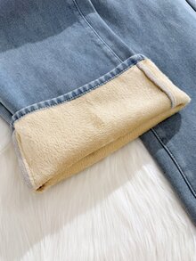 SHEIN بنطلون جينز فضفاض للمراهقين من الصوف الخفيف والقطن، دافئ ومريح، باللون الأسود، للمدرسة، لفصلي الخريف والشتاء - الأزرق - مشاهدة 5