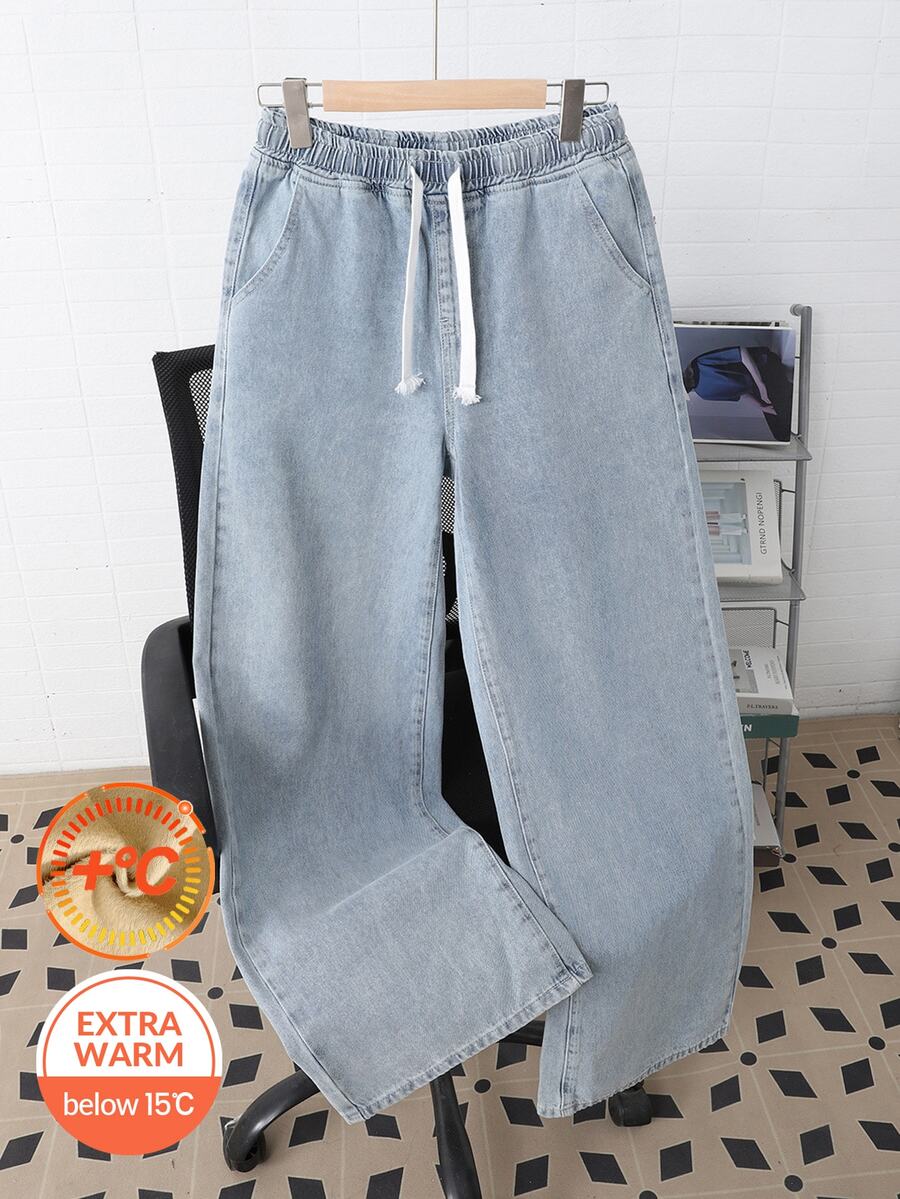 SHEIN Teen Boy Winter Light Wool-Cotton Bottom Warmth-Friendly Loose-Fitting Jeans For Black To School Autumn - Blue - View 1