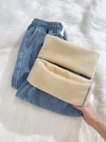 SHEIN بنطلون جينز فضفاض للمراهقين من الصوف الخفيف والقطن، دافئ ومريح، باللون الأسود، للمدرسة، لفصلي الخريف والشتاء - الأزرق - مشاهدة 6