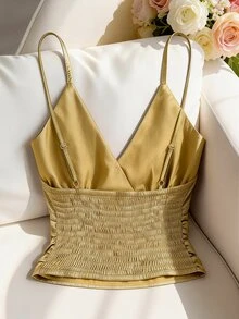 SHEIN Rosurelle 女士纯色金属褶皱腰部吊带背心 - 金色 - 查看 2