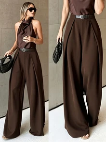 SHEIN Maillard Brown High-Waisted Wide Leg Pants, Pleated Drape Suit Trousers, French Vintage Solid Color Loose Floor-Length Wide Leg Pants, All-Season Versatile Pleated Design For Office Commute, Meetings, Business, Teacher Suit Pants, Elegant, Vacation, Holiday, Outing All-Match Coffee Color Spring Autumn Winter Long Pants - Brown - View 4