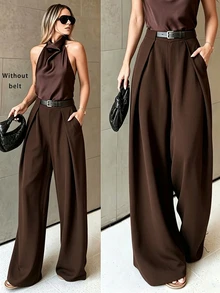 SHEIN Maillard Brown High-Waisted Wide Leg Pants, Pleated Drape Suit Trousers, French Vintage Solid Color Loose Floor-Length Wide Leg Pants, All-Season Versatile Pleated Design For Office Commute, Meetings, Business, Teacher Suit Pants, Elegant, Vacation, Holiday, Outing All-Match Coffee Color Spring Autumn Winter Long Pants - Brown - View 2