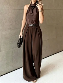 SHEIN Maillard Brown High-Waisted Wide Leg Pants, Pleated Drape Suit Trousers, French Vintage Solid Color Loose Floor-Length Wide Leg Pants, All-Season Versatile Pleated Design For Office Commute, Meetings, Business, Teacher Suit Pants, Elegant, Vacation, Holiday, Outing All-Match Coffee Color Spring Autumn Winter Long Pants - Brown - View 5