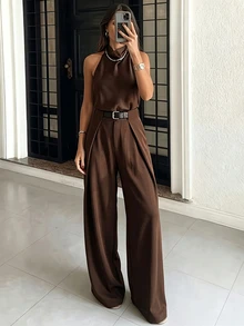 SHEIN Maillard Brown High-Waisted Wide Leg Pants, Pleated Drape Suit Trousers, French Vintage Solid Color Loose Floor-Length Wide Leg Pants, All-Season Versatile Pleated Design For Office Commute, Meetings, Business, Teacher Suit Pants, Elegant, Vacation, Holiday, Outing All-Match Coffee Color Spring Autumn Winter Long Pants - Brown - View 6