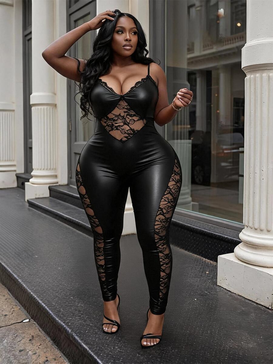 Slaydiva Jumpsuit Cami Seksi Berbahan Renda dan Kulit PU untuk Wanita Ukuran Plus