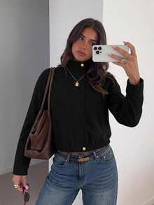 Siren Gaze Women's Solid Color Stand Collar Long Sleeve Single-Breasted Casual Jacket - Black - View 3