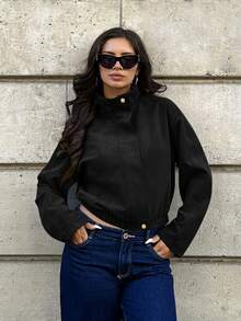 Siren Gaze Women's Solid Color Stand Collar Long Sleeve Single-Breasted Casual Jacket - Black - View 4