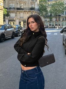 Siren Gaze Women's Solid Color Stand Collar Long Sleeve Single-Breasted Casual Jacket - Black - View 6