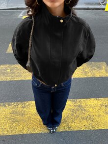 Siren Gaze Women's Solid Color Stand Collar Long Sleeve Single-Breasted Casual Jacket - Black - View 7