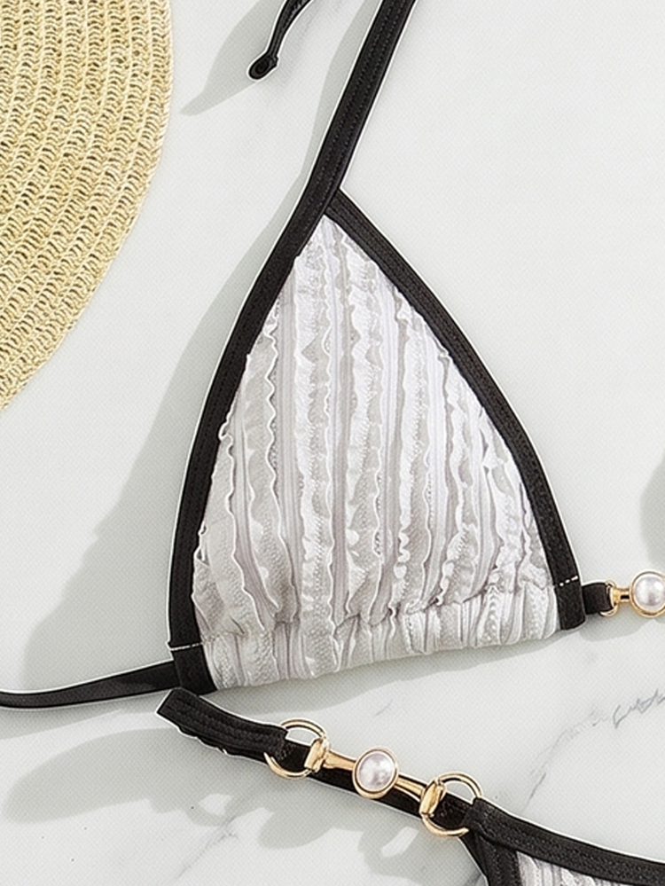 Swim Vcay Bộ bikini dây buộc cổ gợi cảm mùa hè cho nữ, ngực nhỏ, tôn dáng, vải jacquard vân nổi, trắng đen, cúp tam giác, nút ngọc trai, đi biển, tiệc bãi biển, du lịch - Nhiều màu - Xem 5