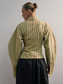Hauture 時尚優雅通勤經典條紋翻領長袖綁帶女式襯衫 - 綠色 - 查看 2