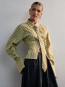 Hauture 時尚優雅通勤經典條紋翻領長袖綁帶女式襯衫 - 綠色 - 查看 3
