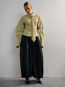 Hauture 時尚優雅通勤經典條紋翻領長袖綁帶女式襯衫 - 綠色 - 查看 5