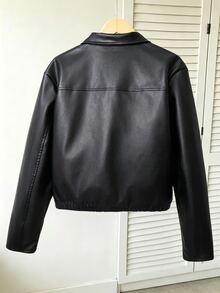 SHEIN 青少年女孩秋冬休閒日常高階校園通勤Ins風百搭PU皮革翻領寬鬆夾克外套 - 黑色 - 查看 7