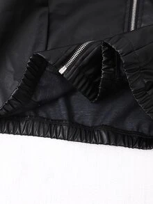 SHEIN 青少年女孩秋冬休閒日常高階校園通勤Ins風百搭PU皮革翻領寬鬆夾克外套 - 黑色 - 查看 3