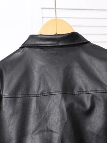 SHEIN 青少年女孩秋冬休閒日常高階校園通勤Ins風百搭PU皮革翻領寬鬆夾克外套 - 黑色 - 查看 5