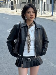 SHEIN 青少年女孩秋冬休閒日常高階校園通勤Ins風百搭PU皮革翻領寬鬆夾克外套 - 黑色 - 查看 1