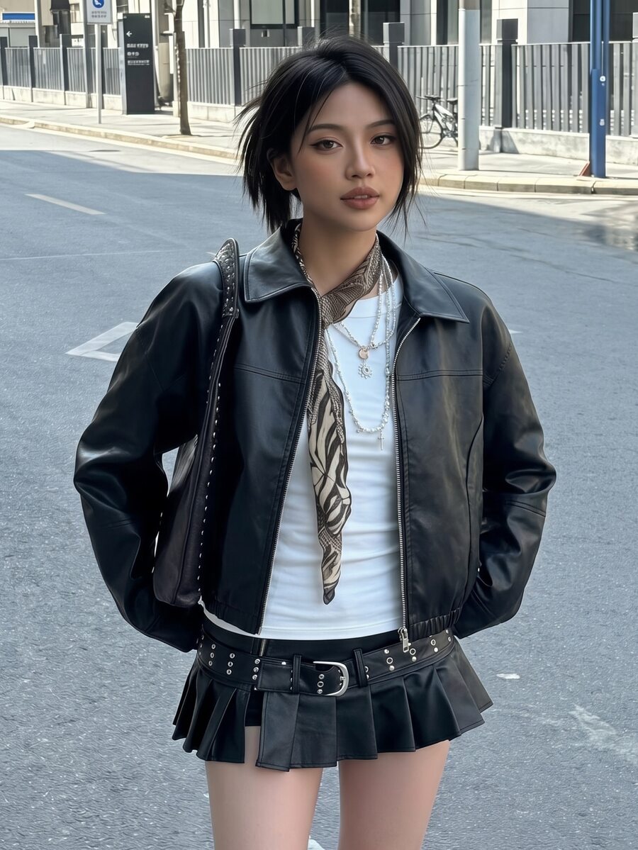 SHEIN 青少年女孩秋冬休閒日常高階校園通勤Ins風百搭PU皮革翻領寬鬆夾克外套 - 黑色 - 查看 1