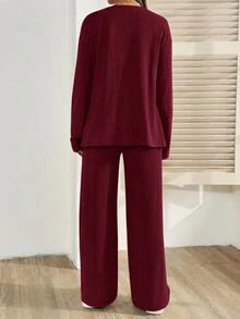 SHEIN 孕婦純色單排扣長袖上衣與可調腰長褲休閒兩件套 秋季 - 酒紅色 - 查看 2