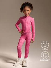 SHEIN 2pcs/Set Young Girls' Fuchsia Leopard Print Active Jacket & Leggings Set,High Stretch Comfortable Slim Fit Baby Pink,Autumn Winter,Gym Running, Fall - Hot Pink - View 5