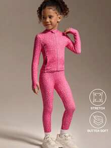 SHEIN 2pcs/Set Young Girls' Fuchsia Leopard Print Active Jacket & Leggings Set,High Stretch Comfortable Slim Fit Baby Pink,Autumn Winter,Gym Running, Fall - Hot Pink - View 2