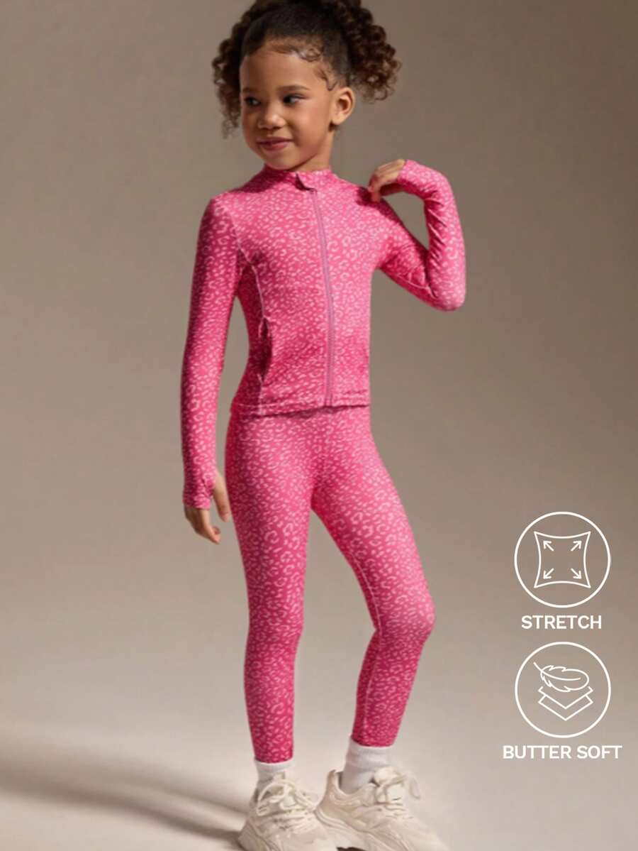 SHEIN 2pcs/Set Young Girls' Fuchsia Leopard Print Active Jacket & Leggings Set,High Stretch Comfortable Slim Fit Baby Pink,Autumn Winter,Gym Running, Fall