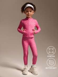 SHEIN 2pcs/Set Young Girls' Fuchsia Leopard Print Active Jacket & Leggings Set,High Stretch Comfortable Slim Fit Baby Pink,Autumn Winter,Gym Running, Fall - Hot Pink - View 7