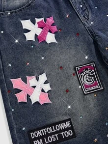 ROMWE Street Life Women's Vintage Punk Cross Embroidery Rhinestone 7-Point Denim Shorts - Dark Wash - View 5