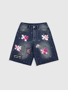 ROMWE Street Life Women's Vintage Punk Cross Embroidery Rhinestone 7-Point Denim Shorts - Dark Wash - View 1