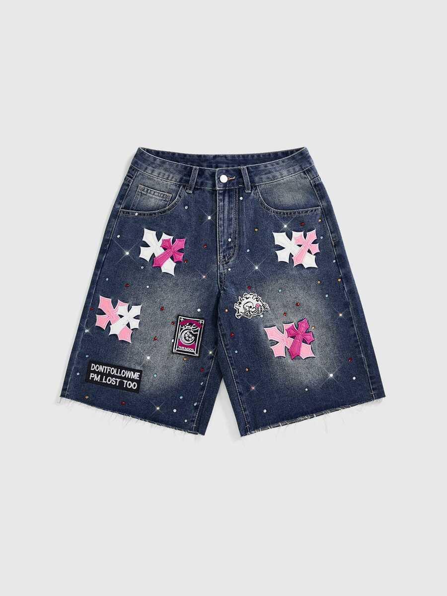 ROMWE Street Life Women's Vintage Punk Cross Embroidery Rhinestone 7-Point Denim Shorts - Dark Wash - View 1