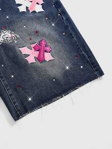 ROMWE Street Life Women's Vintage Punk Cross Embroidery Rhinestone 7-Point Denim Shorts - Dark Wash - View 3