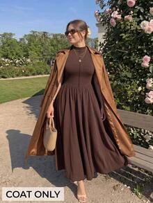 SHEIN MOD Women's Plus Size Brown Long Trench Coat Jacket, Early Autumn - Brown - View 8