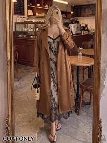 SHEIN MOD Women's Plus Size Brown Long Trench Coat Jacket, Early Autumn - Brown - View 7