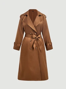 SHEIN MOD Women's Plus Size Brown Long Trench Coat Jacket, Early Autumn - Brown - View 2