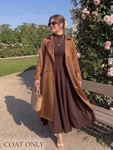 SHEIN MOD Women's Plus Size Brown Long Trench Coat Jacket, Early Autumn - Brown - View 1