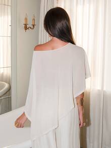 Bris Aura Women's Solid Color Asymmetric Hem Batwing Sleeve Loose Blouse,Summer Top - Apricot - View 2