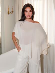 Bris Aura Women's Solid Color Asymmetric Hem Batwing Sleeve Loose Blouse,Summer Top - Apricot - View 3