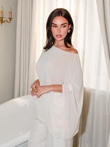 Bris Aura Women's Solid Color Asymmetric Hem Batwing Sleeve Loose Blouse,Summer Top - Apricot - View 6